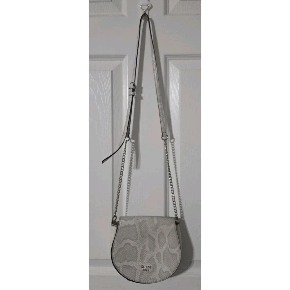 Guess Pebbled Leather Saddlebag Crossbody Purse Mini Cate Snake, Ivory